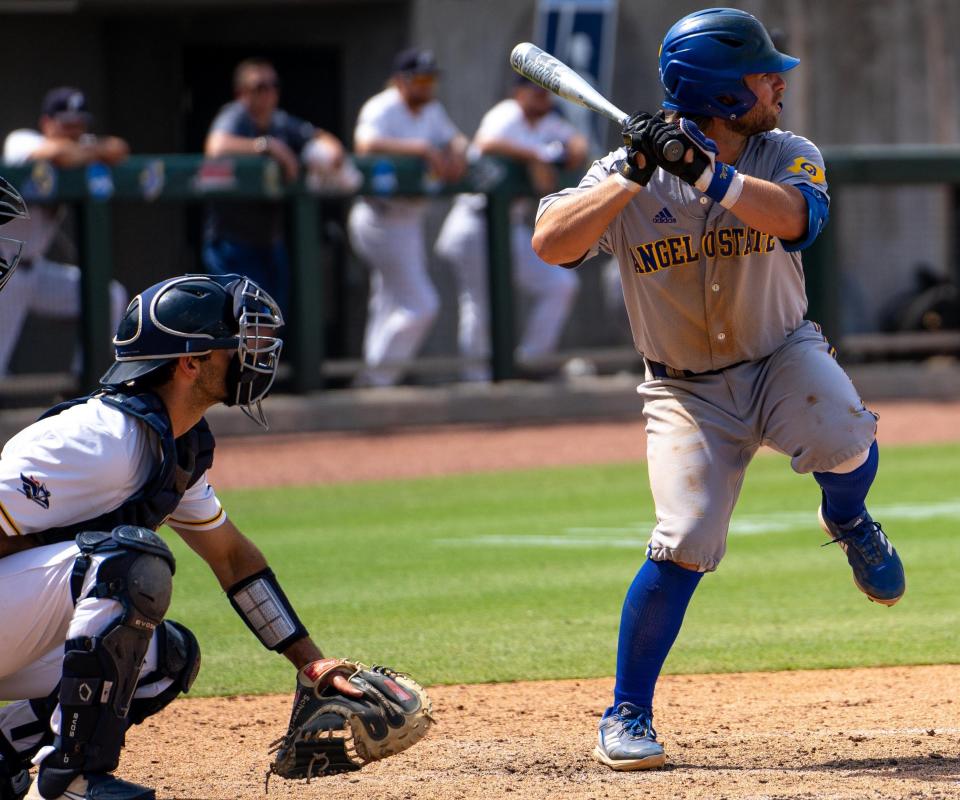 Angelo State University third baseman Jordan Williams had a two-run single against Southern New Hampshire in the Rams' opening game of the D-II College World Series in Cary, North Carolina on Sunday, June 5, 2022.