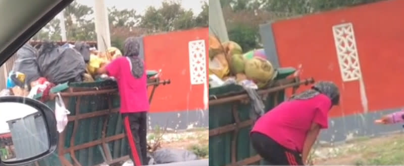 The woman looked physically drained and tired while she was looking for recyclable items to sell. — Screenshot via TikTok/@nadyazaira92