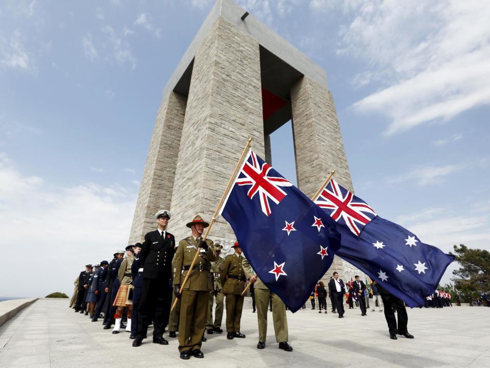 Australian and New Zealand Army Corps soldiers stand in front of the Turkish memorial during an international service marking the anniversary of Battle of Gallipoli in Canakkale, Turkey: Murad Sezer/Reuters