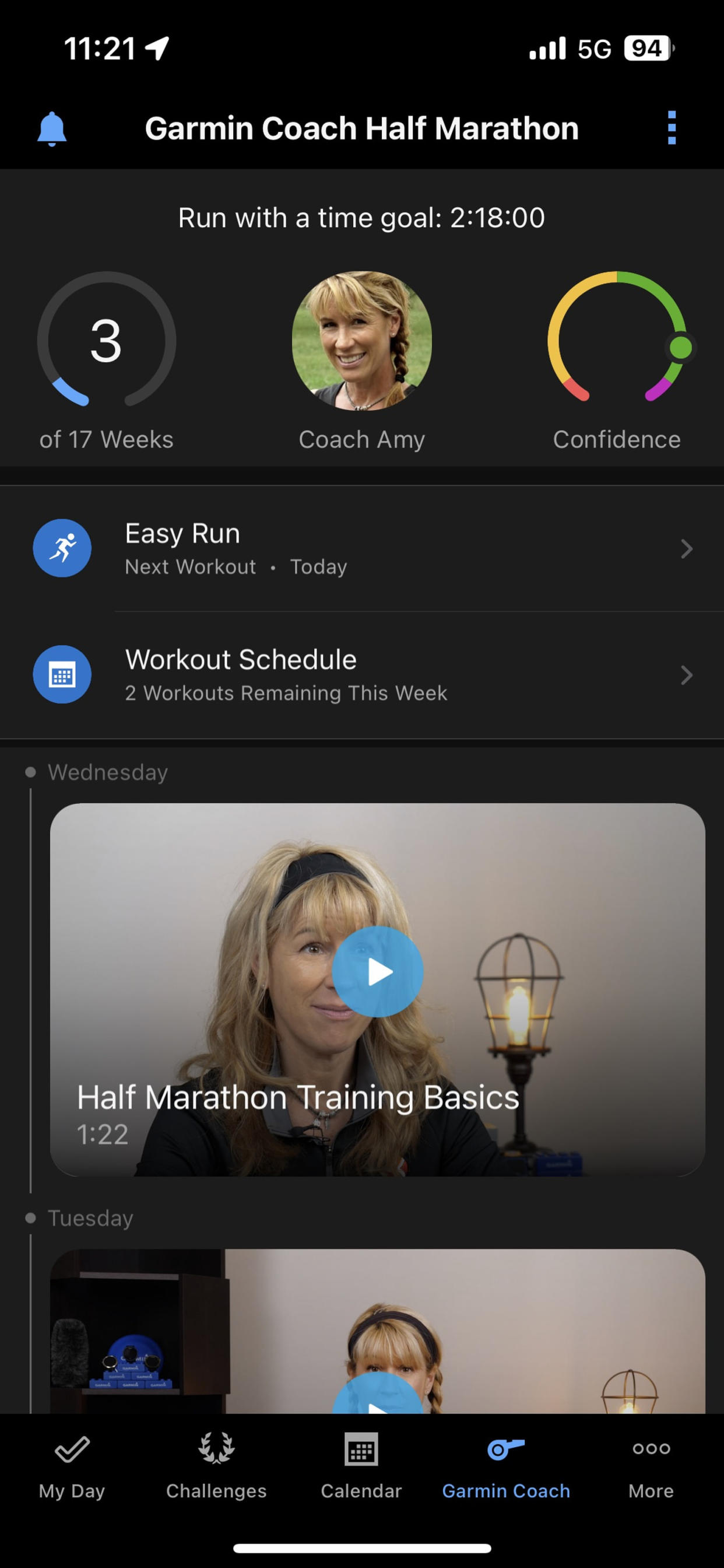 An image of the Garmin Coach screen within the Garmin Connect app, showing upcoming runs and training videos from the Garmin virtual coach. (Courtesy Harry Rabinowitz)