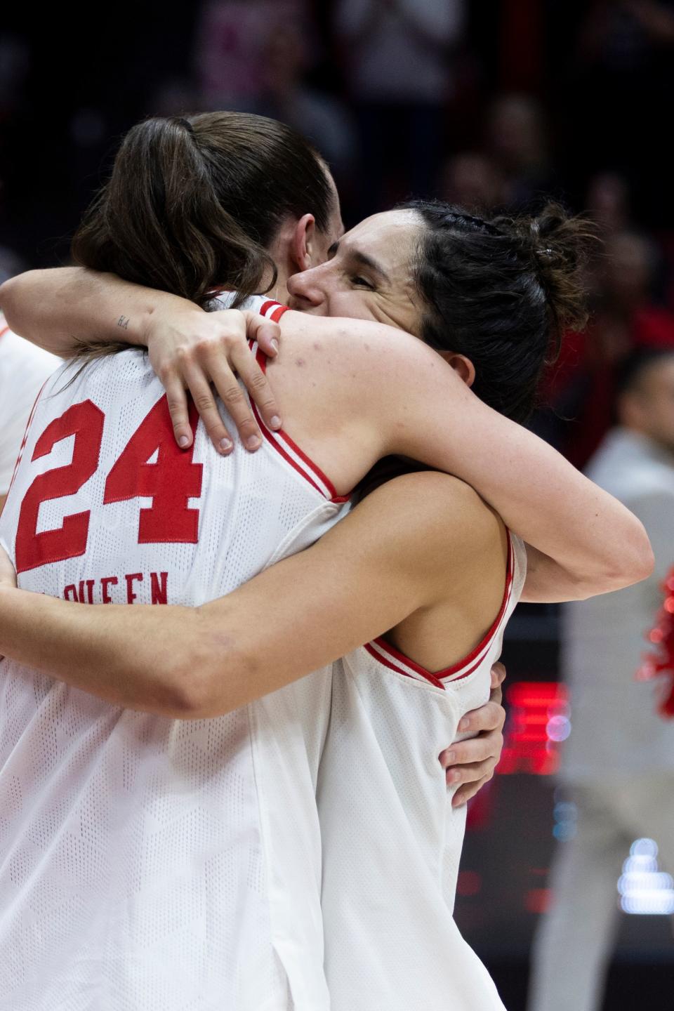 The Utah Utes guard Inês Vieira (2) hugs guard Kennady McQueen (24) after winning against the UCLA Bruins at the Huntsman Center in Salt Lake City on Jan. 22, 2024. The Utes won during overtime 94-81. | Marielle Scott, Deseret News