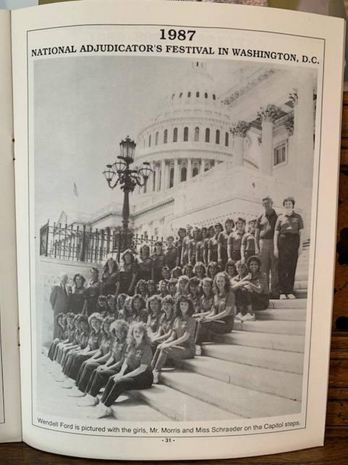 A photo copied from a reunion book shows the Harlan Musettes during a trip to Washington, D.C. in 1987.