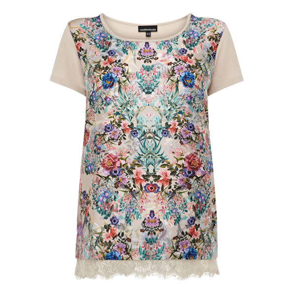 <a href="http://www.warehouse.co.uk/floral-print-lace-hem-tee/tops-/warehouse/fcp-product/4533071299" rel="nofollow noopener" target="_blank" data-ylk="slk:Floral print lace hem tee - £28 - Warehouse;elm:context_link;itc:0;sec:content-canvas" class="link "><b>Floral print lace hem tee - £28 - Warehouse</b></a><br><br>Opt for this chic floral t-shirt for a more casual look.