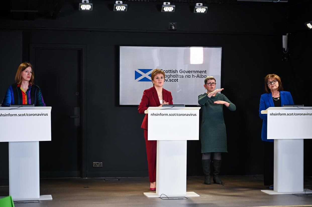 First Minister Nicola Sturgeon (centre) speaking at a coronavirus briefing at St Andrews House in Edinburgh with Scotland's Chief Medical Officer Dr Catherine Calderwood (left) and Health Secretary Jeane Freeman (right).