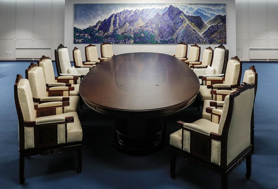 The Inter Korean Summit meeting room is seen at the Peace House on April 25, 2018 in Panmunjom, South Korea.