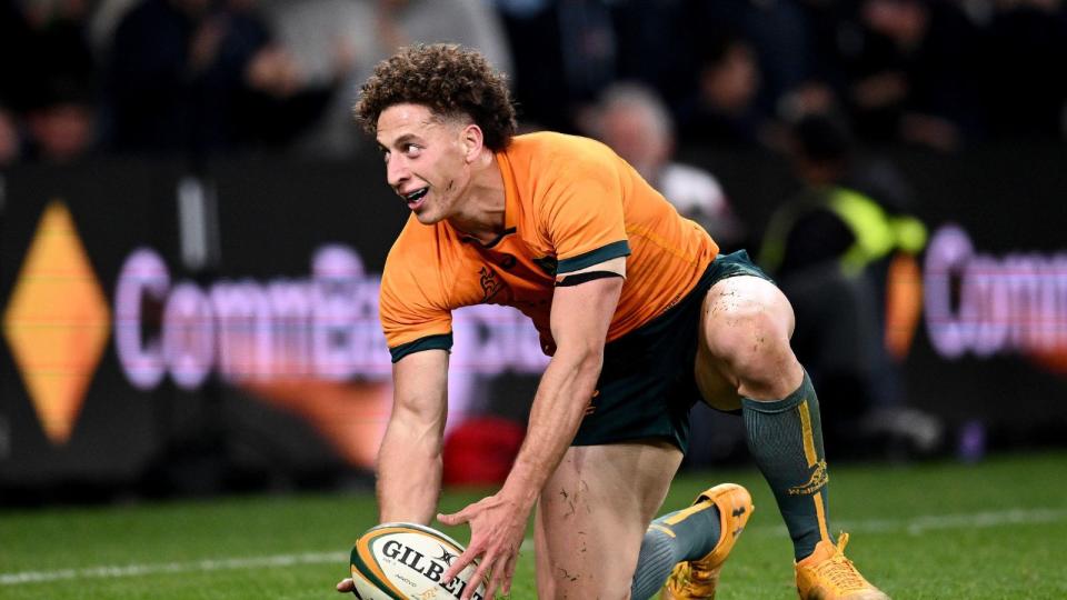 Mark Nawaqanitawase of the Wallabies celebrates after scoring a try during the eToro Rugby Championship Test match between the Australian Wallabies and the Argentina Pumas at CommBank Stadium in Sydney Credit: Alamy