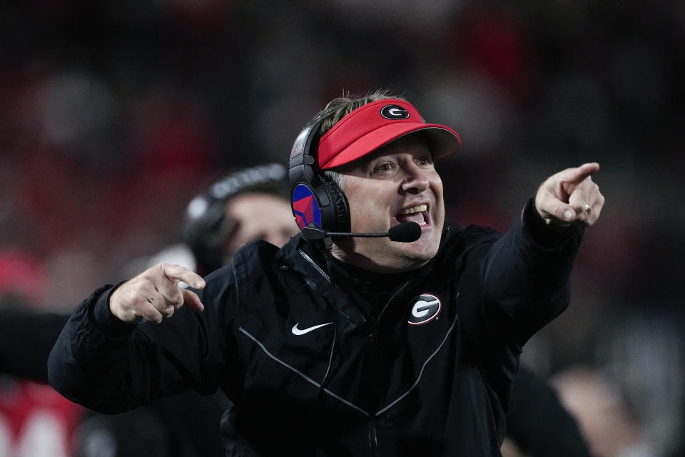 Georgia head coach Kirby Smart reacts on the sideline during the first half of an NCAA college football game against Mississippi, Saturday, Nov. 11, 2023, in Athens, Ga. (AP Photo/John Bazemore)
