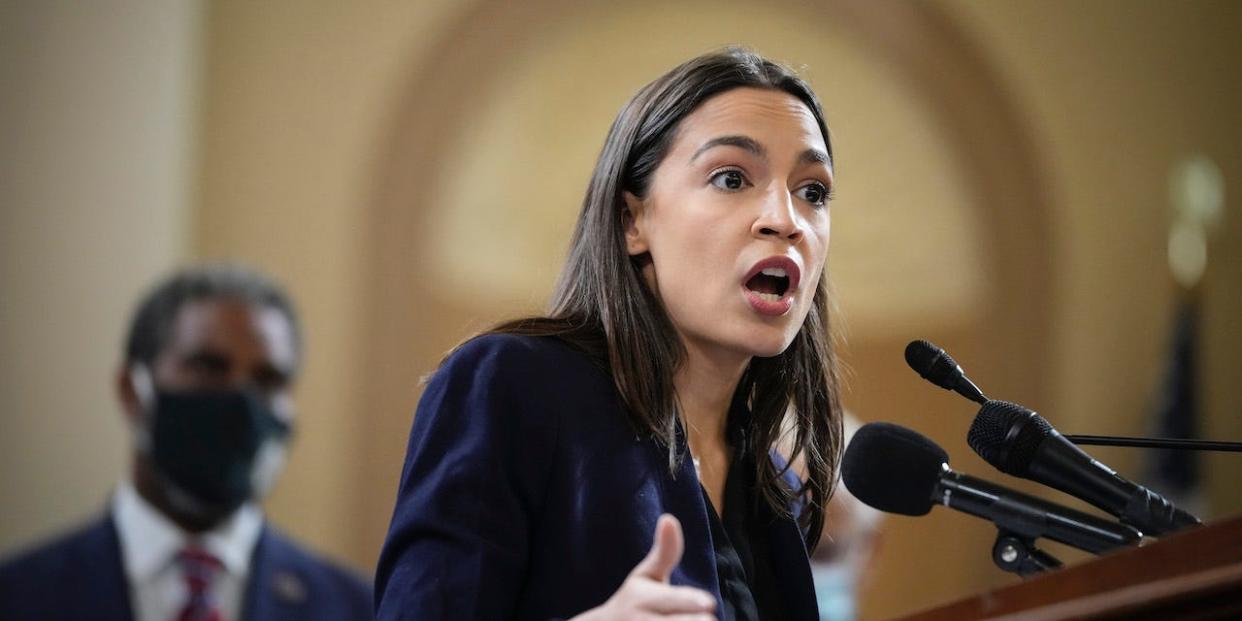 Rep. Alexandria Ocasio-Cortez (D-NY) speaks during a news conference to discuss legislation that would strengthen Social Security benefits, on Capitol Hill October 26, 2021 in Washington, DC.