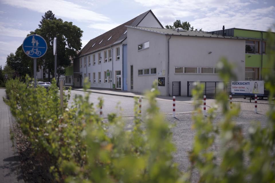 The Mina Witkojc school photographed in Burg (Spreewald), Germany, Wednesday, July 19, 2023. Two teachers in eastern Germany tried to counter the far-right activities of students at their small town high school. Disheartened by what they say was a lack of support from fellow educators, Laura Nickel and Max Teske decided to leave Mina Witkojc School in Burg. (AP Photo/Markus Schreiber)