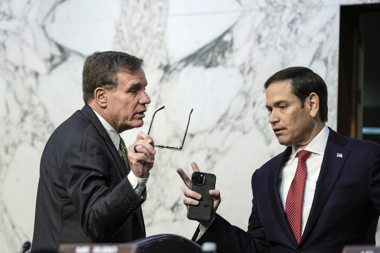 WASHINGTON, DC - MARCH 8: (L-R) Committee chairman Sen. Mark Warner (D-VA) talks with ranking member Sen. Marco Rubio (R-FL) during a Senate Intelligence Committee hearing concerning worldwide threats, on Capitol Hill March 8, 2023 in Washington, DC. The leaders of the intelligence agencies testified on a wide range of issues, including China, Covid-19 origins, and TikTok. (Drew Angerer / Getty Images file)