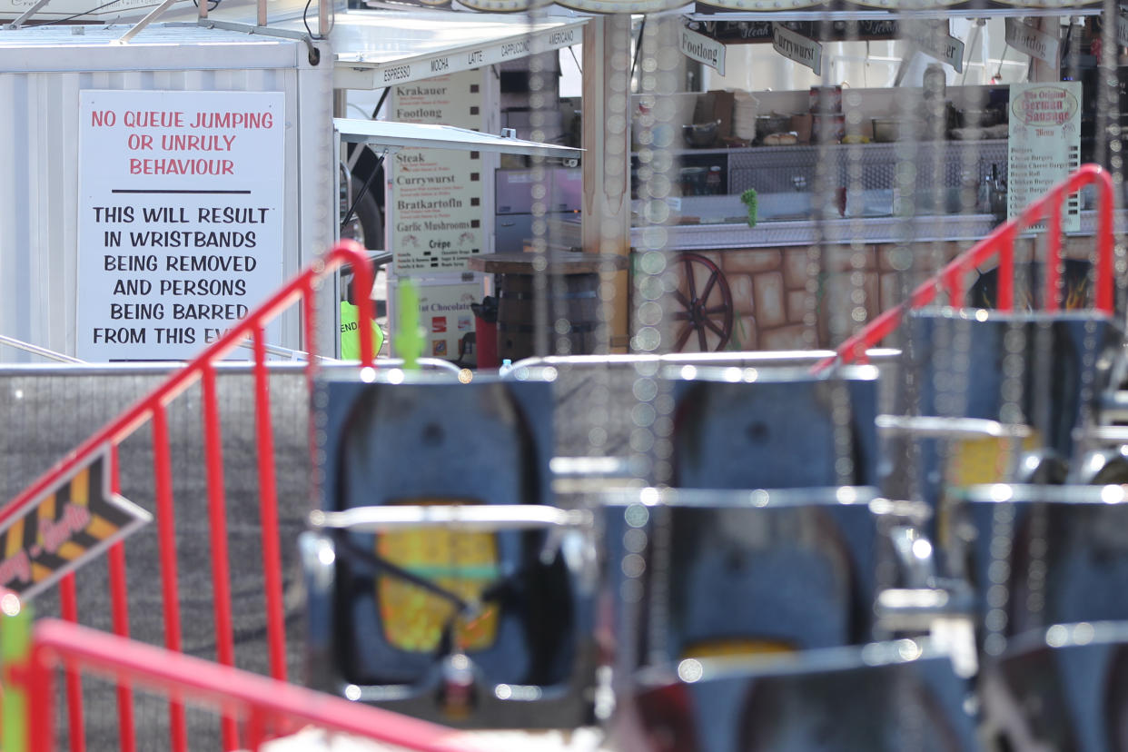 An information sign next to the Star Flyer funfair ride at Planet Fun in Carrickfergus, Co Antrim, which collapsed on Saturday evening, injuring six people. Picture date: Sunday July 25, 2021. (Photo by Niall Carson/PA Images via Getty Images)