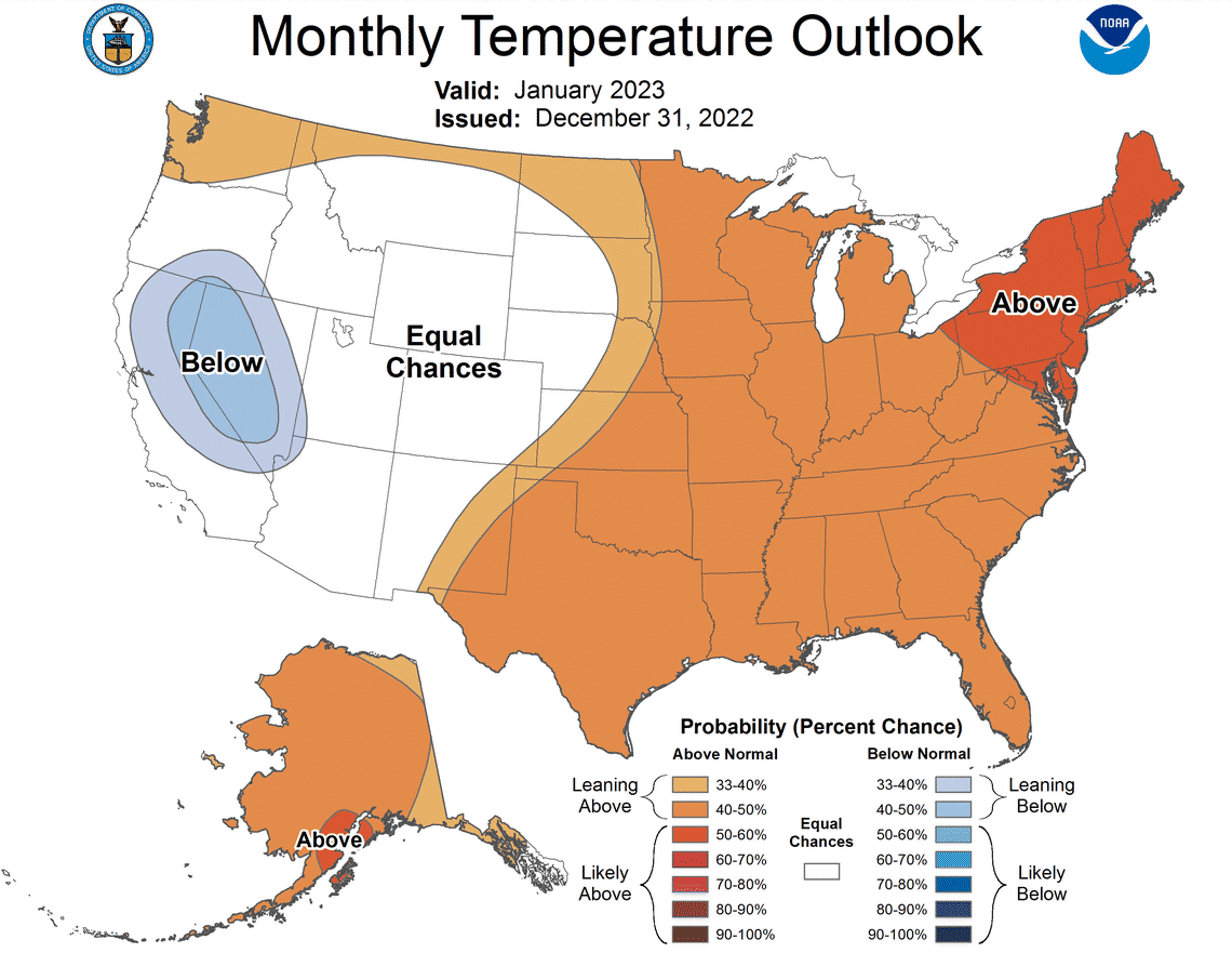 NOAA’s monthly outlook for temperatures in January forecasts Florida to be slightly above normal for the month in 2023.