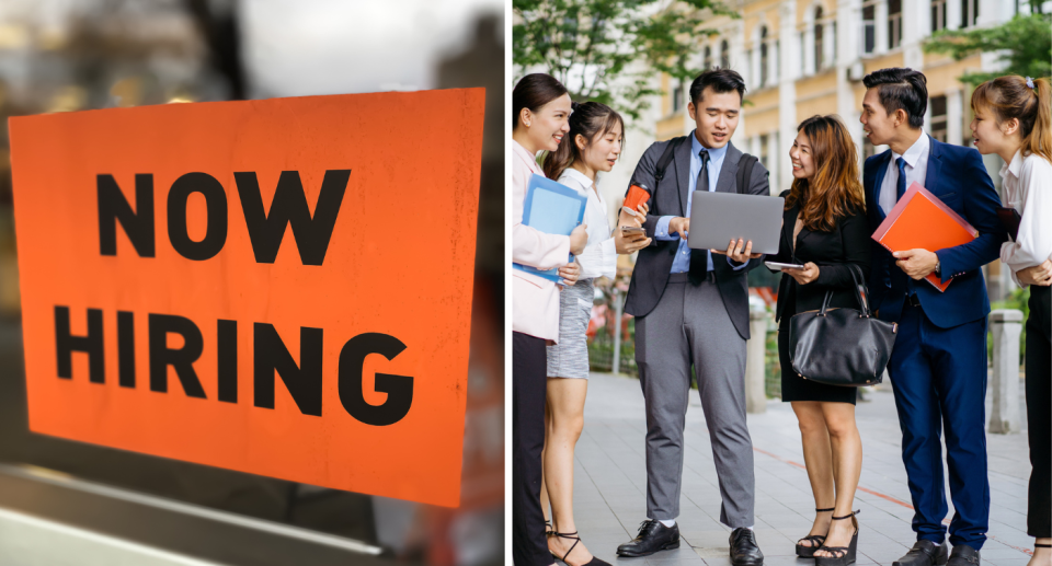 Now hiring signage juxtaposed with group of asian office goers.