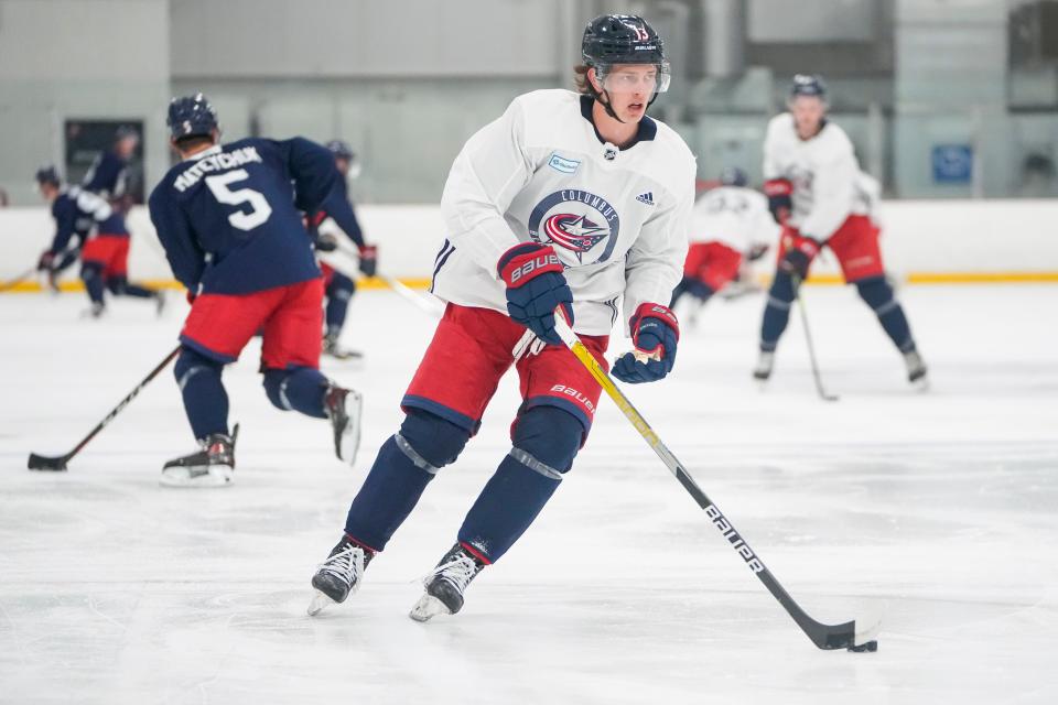 Jul. 12, 2022; Lewis Center, OH USA;  Columbus Blue Jackets forward Kent Johnson skates during development camp at the OhioHealth Chiller North in Lewis Center on July 12, 2022. Mandatory Credit: Adam Cairns-The Columbus Dispatch