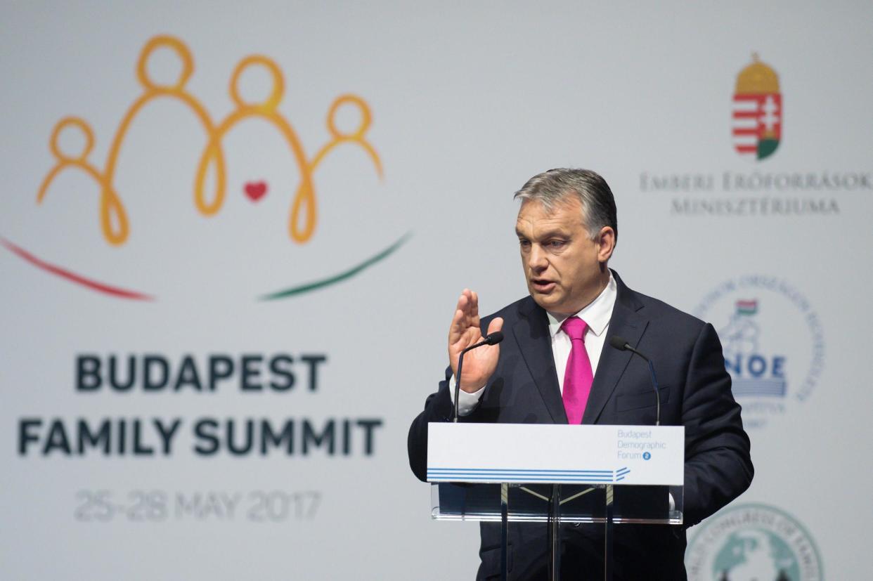 Hungarian Prime Minister Viktor Orban delivers a speech during the Demographic Forum of the Budapest Family: EPA