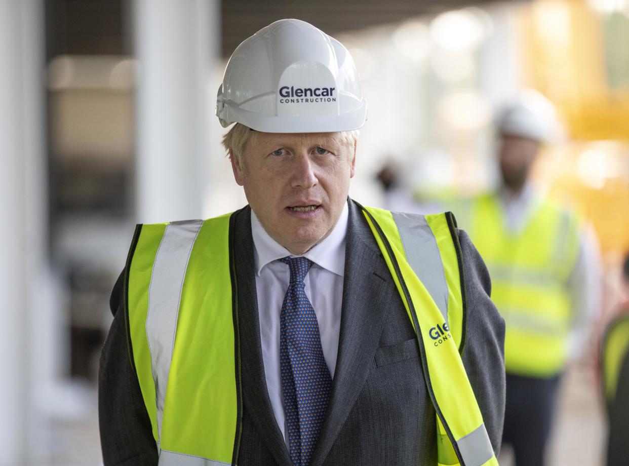 OXFORD, ENGLAND - SEPTEMBER 18: Prime Minister Boris Johnson visits the construction site of the new vaccines Manufacturing and Innovation Centre (VMIC) currently under construction on the Harwell science and innovations campus near Didcot on September 18, 2020 in Oxford, England. The building is being constructed to manufacture vaccines for Covid-19 and is set to open next summer. (Photo by Richard Pohle - WPA Pool/Getty Images)