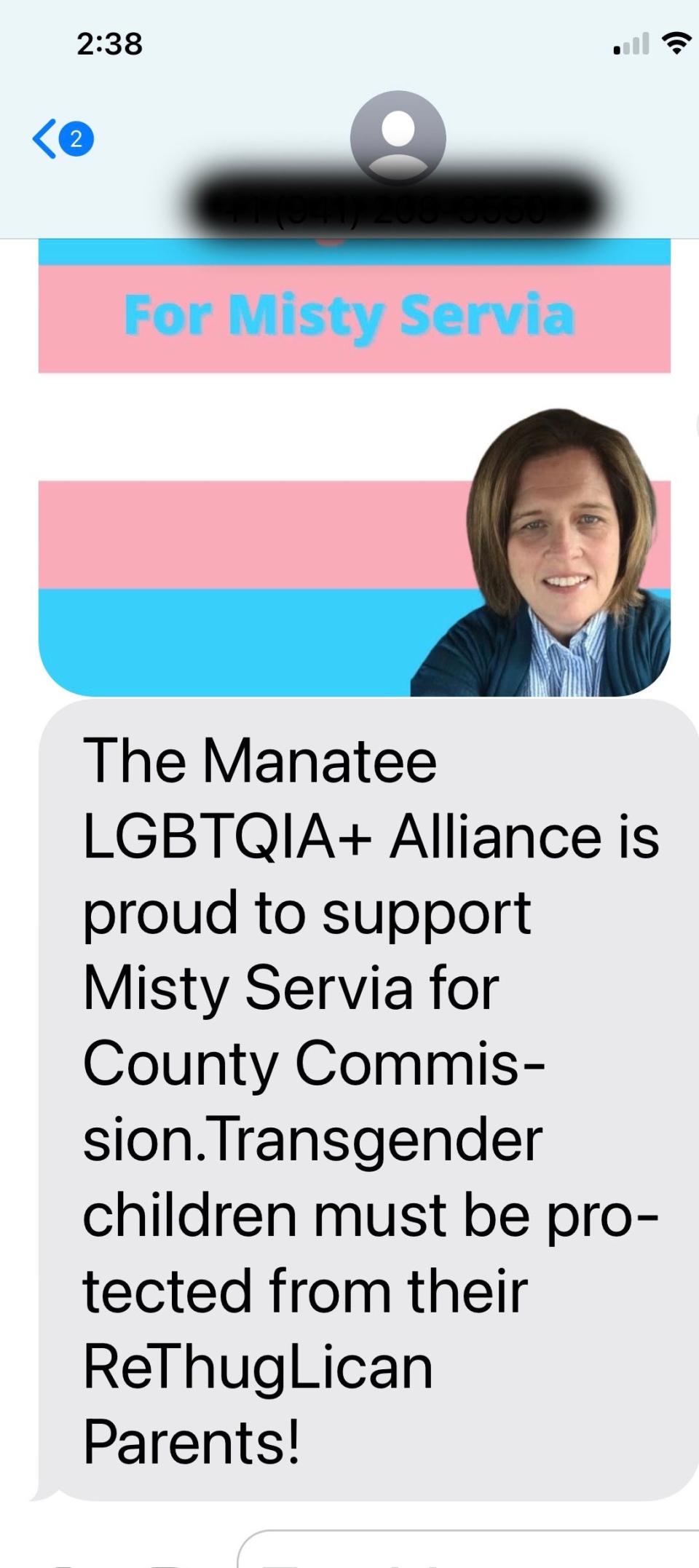 A screenshot of a mass text message that is at the center of recent legal filing by Manatee County Commissioner Misty Servia claiming a hate crime during the heat of the August primary election season.