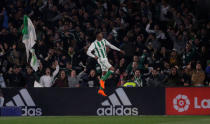 Soccer Football - La Liga Santander - Real Betis vs Real Madrid - Estadio Benito Villamarin, Seville, Spain - February 18, 2018 Real Betis’ Junior Firpo celebrates after Real Madrid’s Nacho scores an own goal and the second for Real Betis REUTERS/Jon Nazca