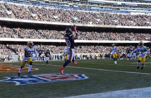 Chicago Bears tight end Trey Burton (80) makes a touchdown catch against Green Bay Packers defensive back Josh Jones (27) during the second half at Soldier Field - Credit: Mike DiNovo/USA TODAY