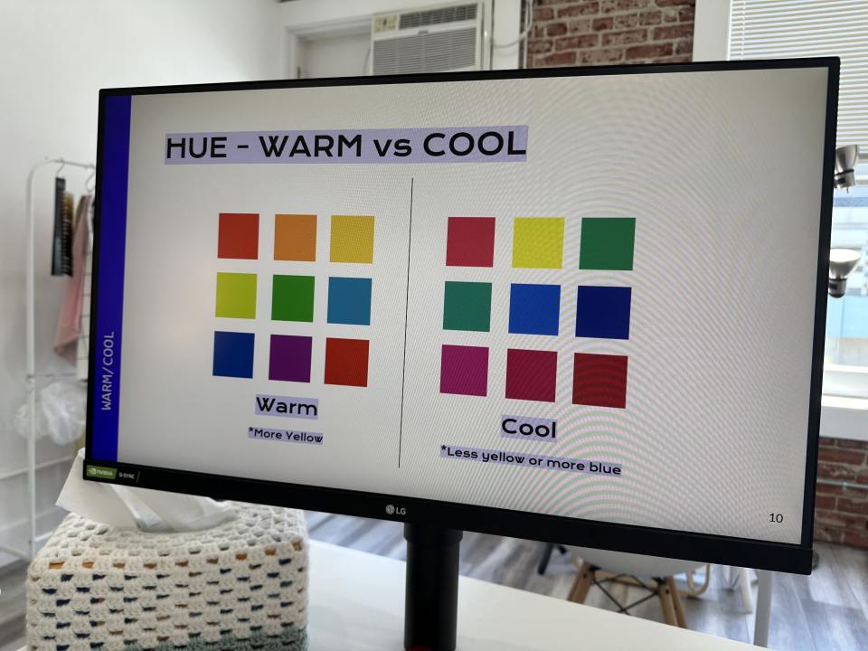 A computer screen shows a color comparison chart titled "HUE - WARM vs COOL," displaying warm colors (more yellow) and cool colors (less yellow or more blue)