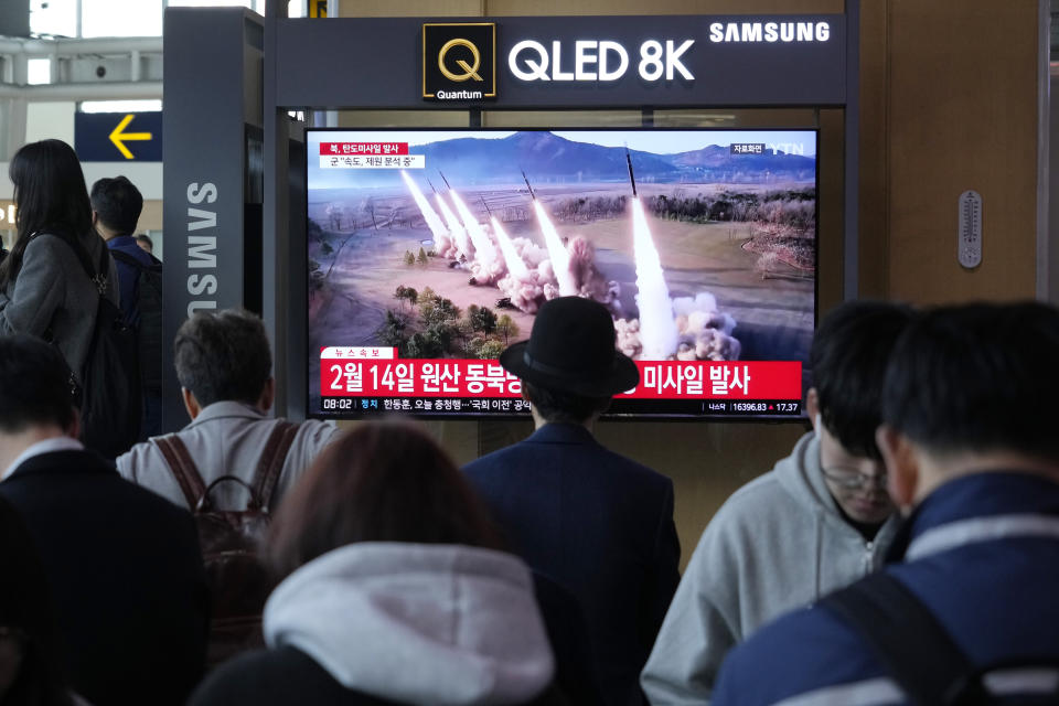 A news program airs a file image of a missile launch by North Korea at the Seoul Railway Station in Seoul, South Korea, on Tuesday, April 2, 2024. South Korea's military says it has detected that North Korea fired at least one ballistic missile toward waters off its eastern coast, adding to a series of weapons demonstrations that have raised tensions in the region. (AP Photo/Ahn Young-joon)