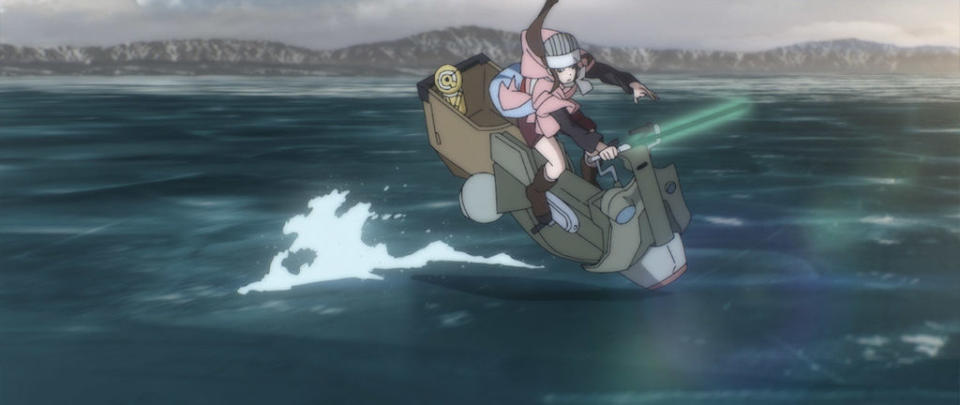 Anime character on speeder bike and holding a lightsaber