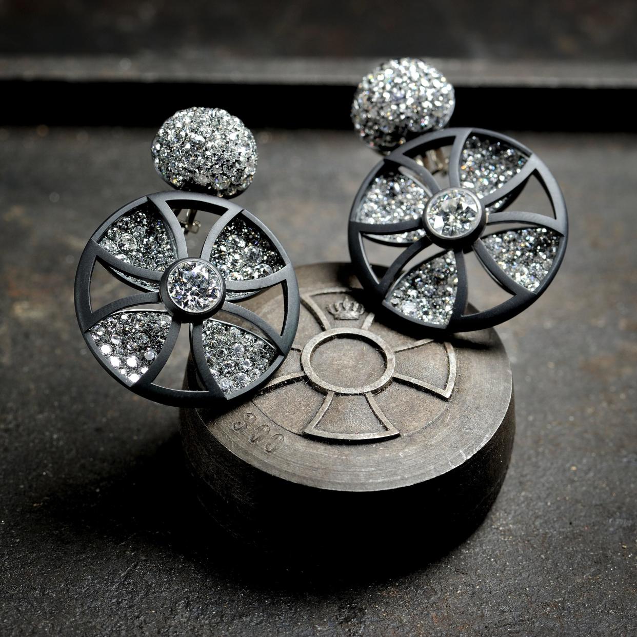 Diamond, blackened silver and white gold earrings by Hemmerle -