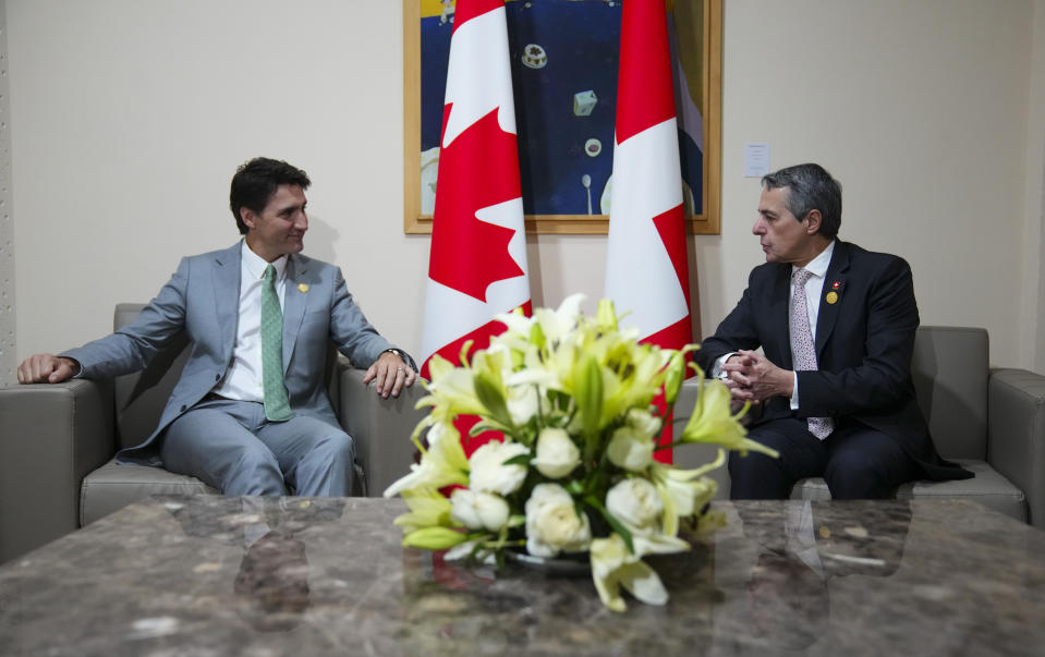 Prime Minister Justin Trudeau takes part in a bilateral meeting with Swiss President Ignazio Cassis during the Francophonie Summit in Djerba, Tunisia, Saturday, Nov. 19, 2022. (Sean Kilpatrick /The Canadian Press via AP)