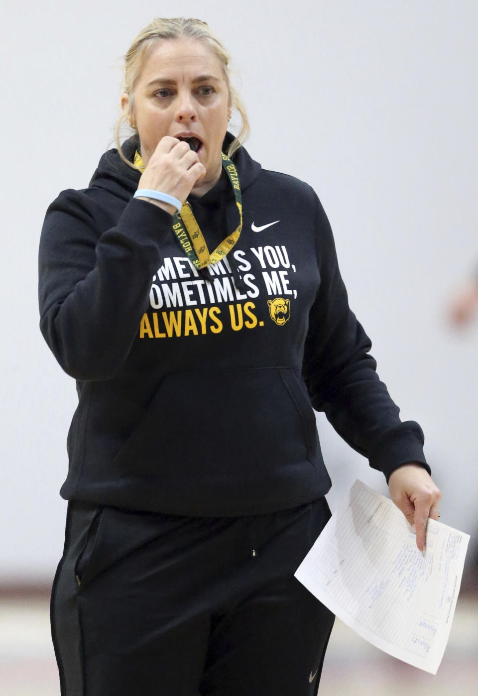 Baylor head coach Nicki Collen watches during practice ahead of a first-round game in the women's college basketball NCAA Tournament in Blacksburg, Va., Thursday, March 21, 2024.(Matt Gentry/The Roanoke Times via AP)