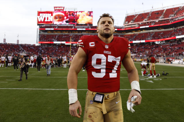 San Francisco 49ers linebacker Fred Warner celebrates after sacking Los  Angeles Chargers quarterback Easton Stick during the first half of an NFL  preseason football game Friday, Aug. 25, 2023, in Santa Clara