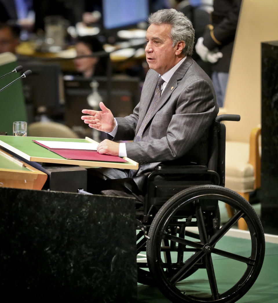 Ecuador's President Lenin Moreno Garcés, address the United Nations General Assembly, Tuesday Sept. 25, 2018 at U.N. headquarters. (AP Photo/Bebeto Matthews)