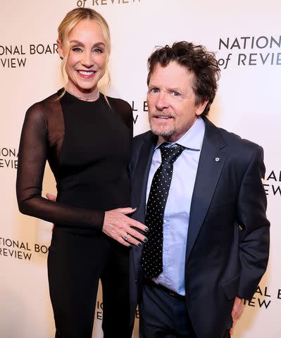 <p>Kevin Mazur/Getty Images </p> Tracy Pollan and Michael J. Fox at the National Board of Review Awards Gala in New York City on Jan. 11, 2024