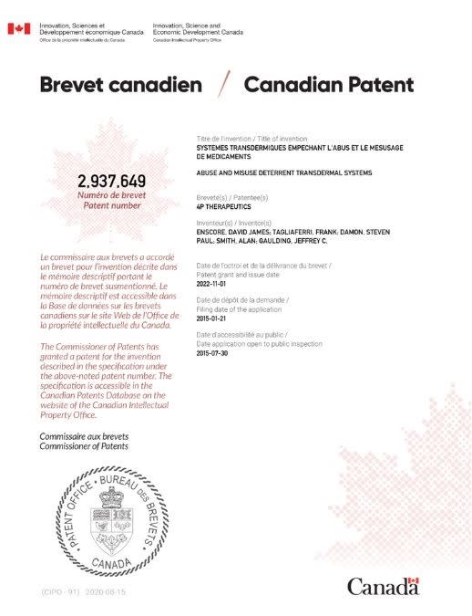 Nutriband Receives Notice of Issuance from the Canadian Intellectual  Property Office for its AVERSA(TM) Abuse Deterrent Transdermal Technology  Patent