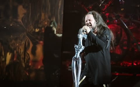 Korn's Jonathan Davis with his HR Giger-design microphone  - Credit: getty