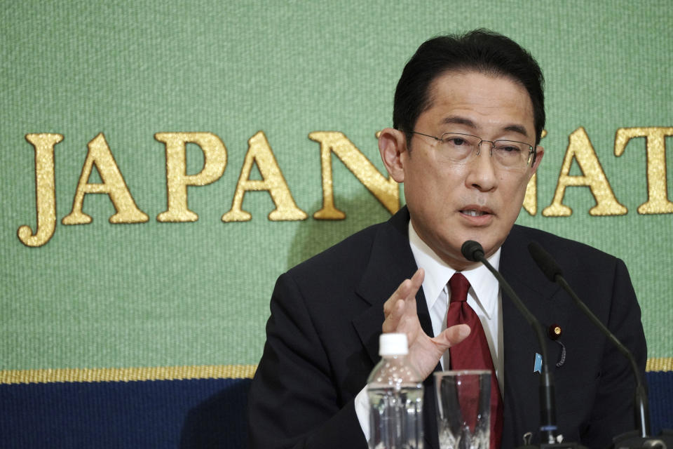 Fumio Kishida, former foreign minister, one of candidates for the presidential election of the ruling Liberal Democratic Party speaks during a debate session held by Japan National Press club Saturday, Sept. 18, 2021 in Tokyo. The contenders are also Taro Kono, the cabinet minister in charge of vaccinations, Sanae Takaichi, former internal affairs minister, and Seiko Noda, former internal affairs minister. (AP Photo/Eugene Hoshiko, Pool)