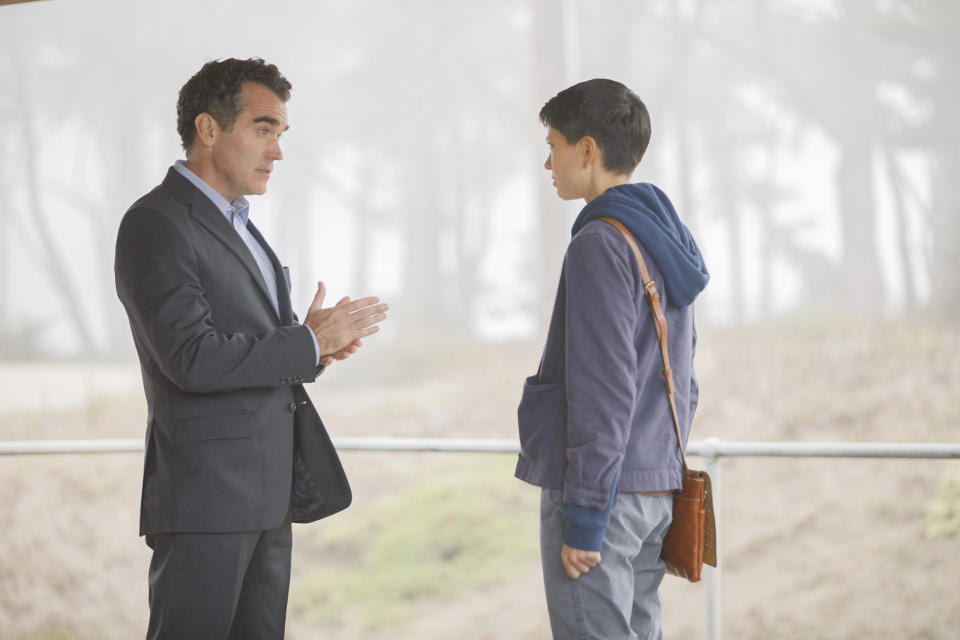 This image released by FX on Hulu shows Brian d'Arcy James, left, and Sonoya Mizuno in a scene from the FX on Hulu techno-thriller series "Devs." (Raymond Liu/FX on Hulu via AP)