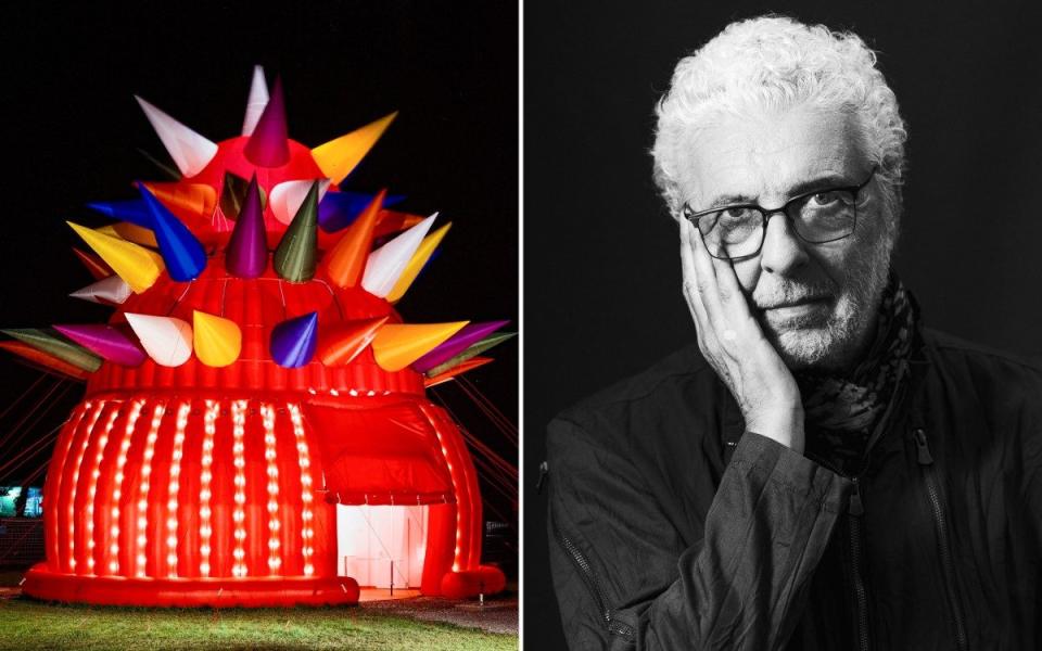 Austrian artist André Heller (right) and his sculpture 'Dream Station', one of the Luna Luna installations (left)