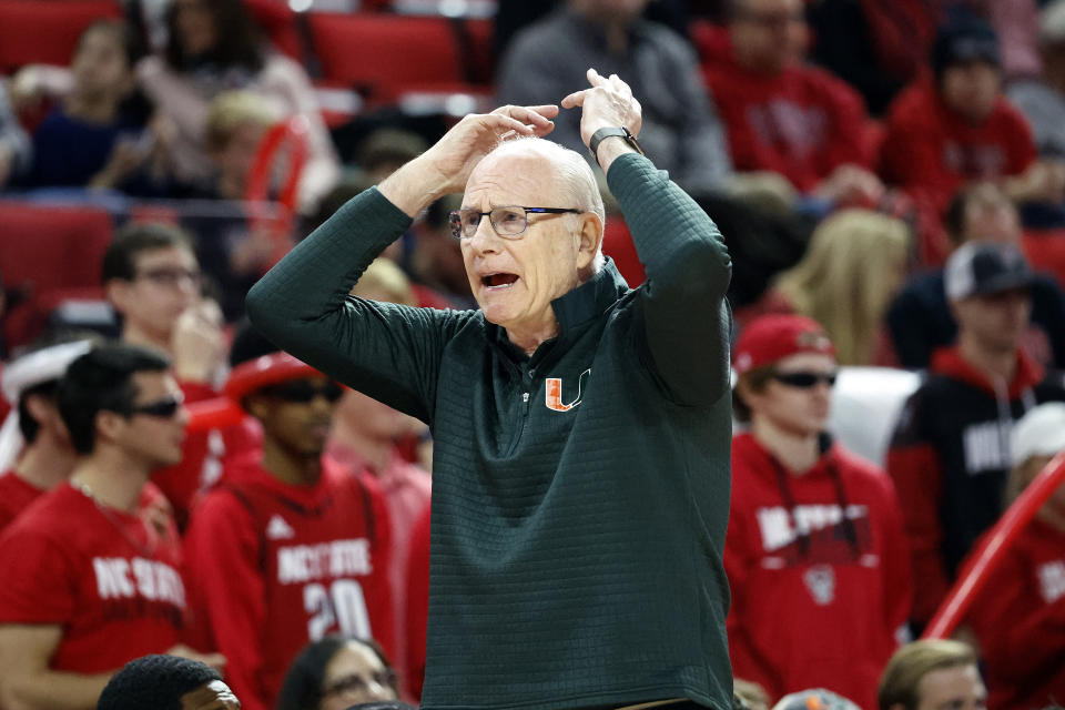 Miami head coach Jim Larrañaga reacts to a call during the first half of an NCAA college basketball game against the North Carolina State in Raleigh, N.C., Saturday, Jan. 14, 2023. (AP Photo/Karl B DeBlaker)