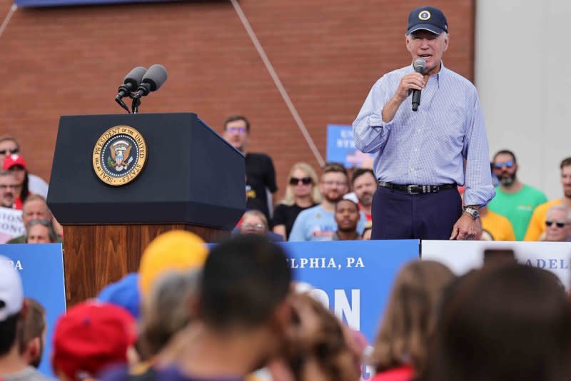 President Joe Biden touted the job-creation and pro-union records of his administration during remarks at the Sheet Metal Workers Local 19 Labor Day rally held Monday in Philadelphia. Photo by Saquan Stimpson/UPI