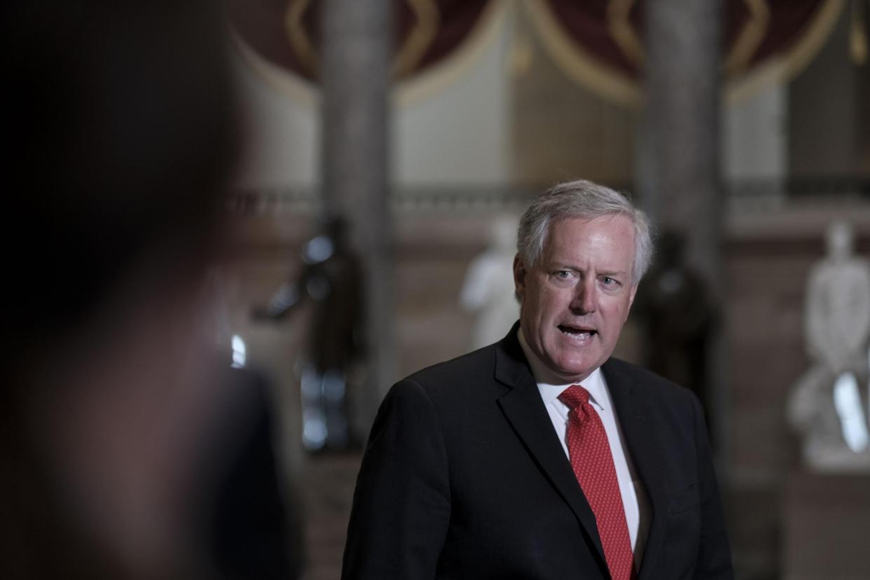 WASHINGTON, DC - AUGUST 22: White House Chief of Staff Mark Meadows speaks to the press in Statuary Hall at the Capitol on August 22, 2020 in Washington, DC. The House was called back from recess to vote on H.R. 8015 Delivering for America Act to allocate funding to the US Postal Service. (Photo by Gabriella Demczuk/Getty Images)