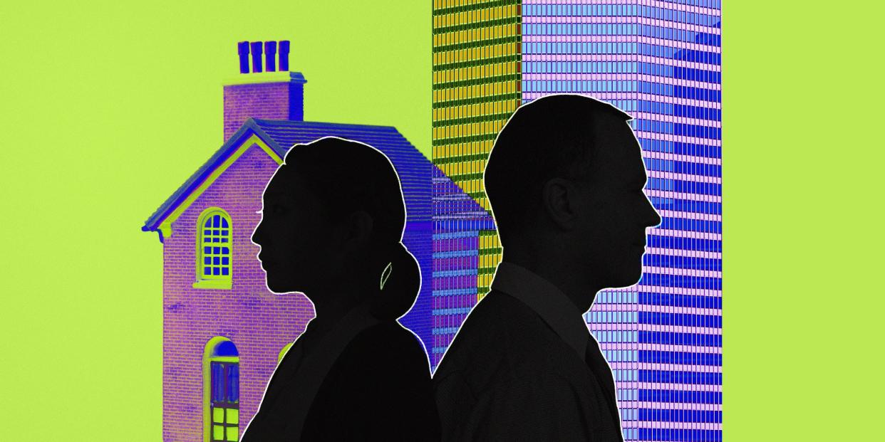 silhouette of woman and man facing away from each other, the woman in front of a house and the man in front of an office building