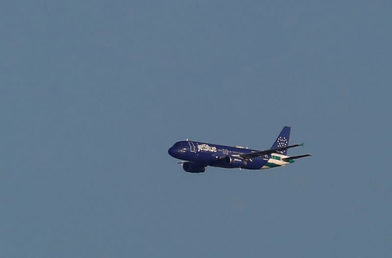 A JetBlue A320 aircraft conducts a flyover salute of New York City to honor frontline healthcare workers during the outbreak of the coronavirus disease (COVID-19) as seen from Weehawken