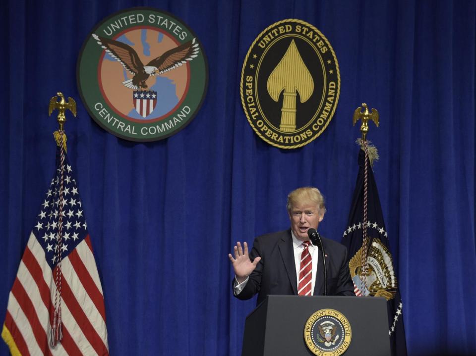 President Donald Trump speaks to troops while visiting U.S. Central Command and U.S. Special Operations Command at MacDill Air Force Base in Tampa, Fla., Monday, Feb. 6, 2017. (AP Photo/Susan Walsh)