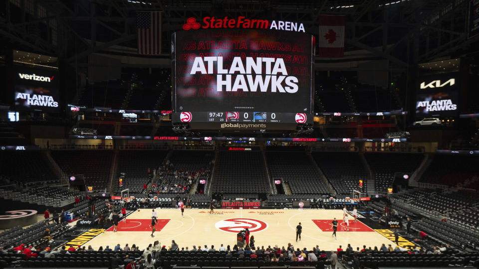 State Farm Arena is viewed before an NBA basketball game between the Atlanta Hawks and the Orlando Magic, Sunday, Feb 25, 2024, in Atlanta. (AP Photo/Hakim Wright Sr.)