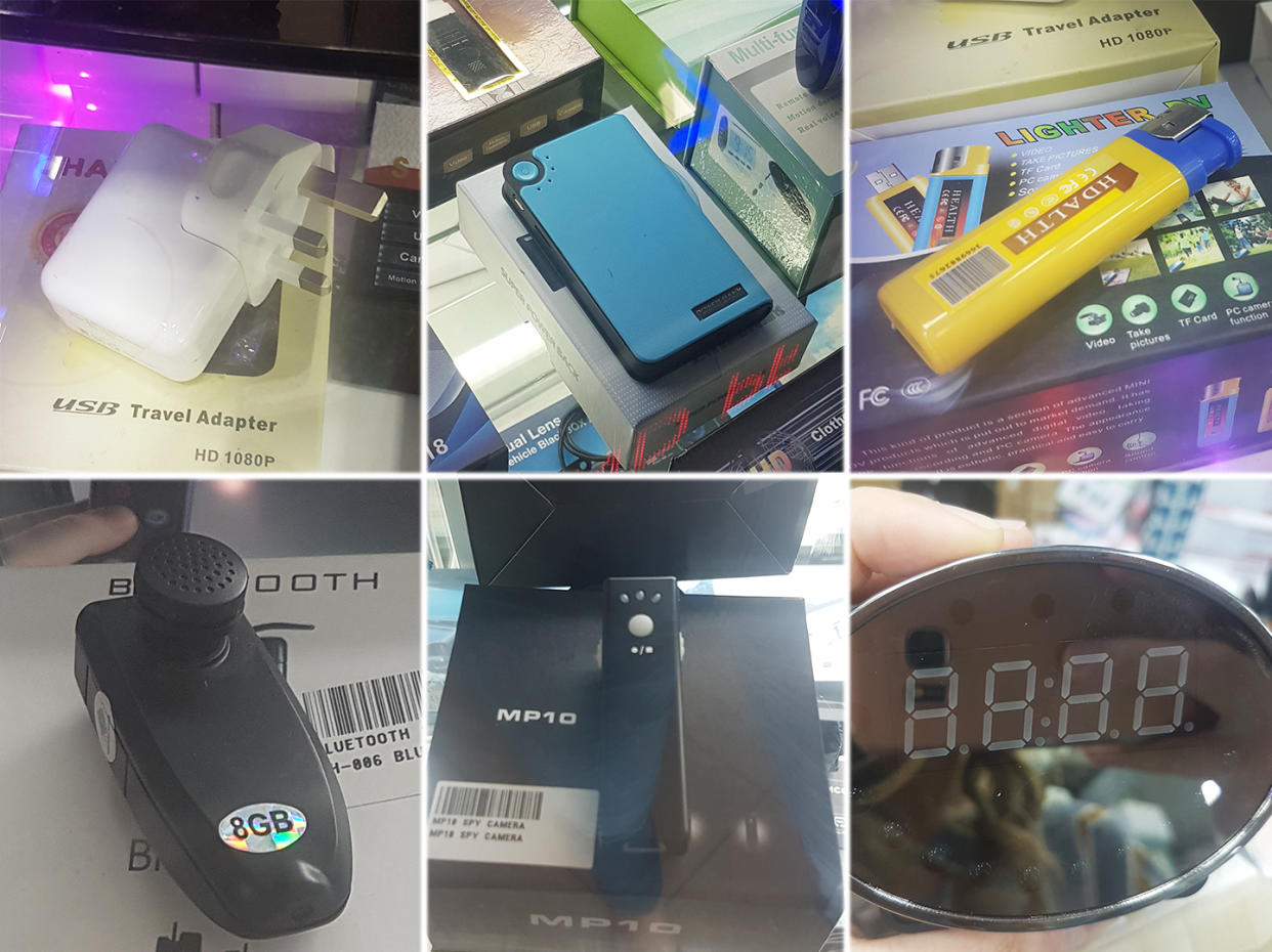 Spy cameras embedded in commonplace items such as a power bank, a lighter and a clock are sold in several malls in Singapore. (PHOTO: Wan Ting Koh/Yahoo News Singapore)