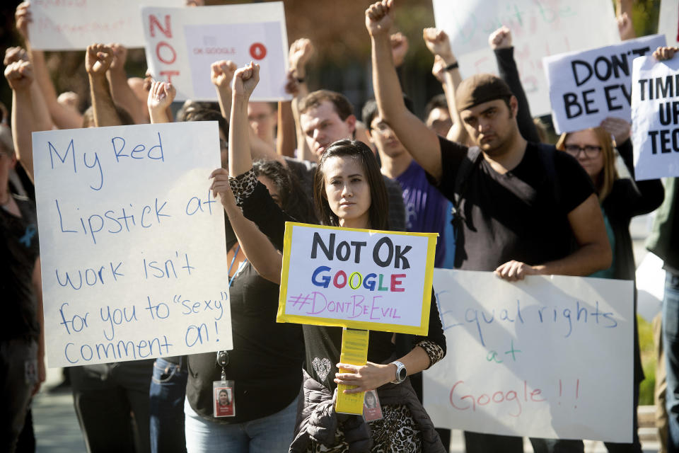 Workers protest against Google's handling of sexual misconduct allegations at the company's Mountain View, Calif., headquarters on Thursday, Nov. 1, 2018. (AP Photo/Noah Berger)