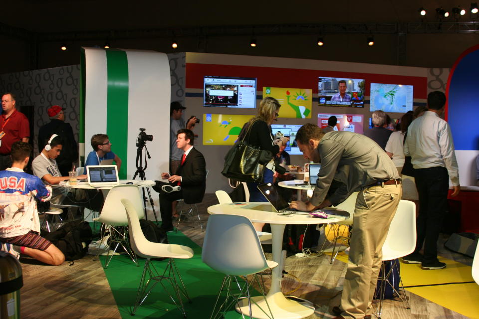 Journalists work and take breaks at the Google coffee bar in the media filing center for the Republican National Convention, Tuesday Aug. 28, 2012. (Torrey AndersonSchoepe/Yahoo! News)