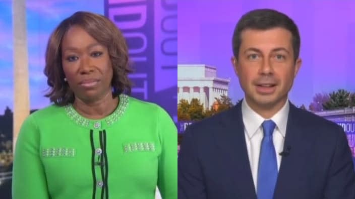 “TheReidOut” host Joy Reid (left) grilled Transportation Secretary Pete Buttigieg (right) Thursday about the Infrastructure Investment and Jobs Act passed last year. (Photos: Screenshots/YouTube.com)