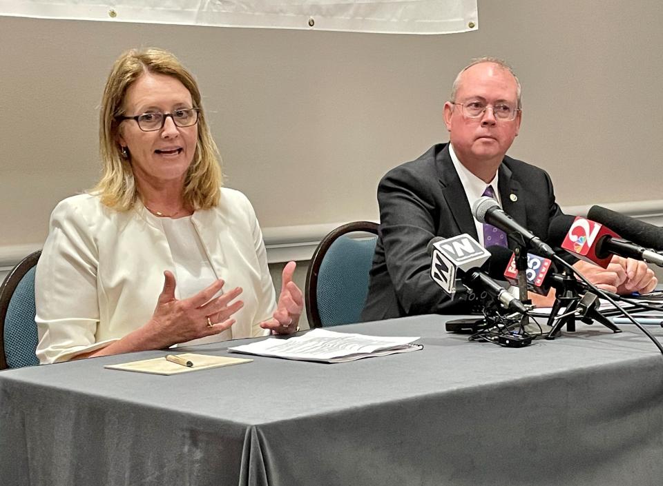 Federal Emergency Management Agency Administrator Deanne Criswell and National Hurricane Center Director Ken Graham address media during an April 13 press conference at the National Hurricane Conference in Orlando.