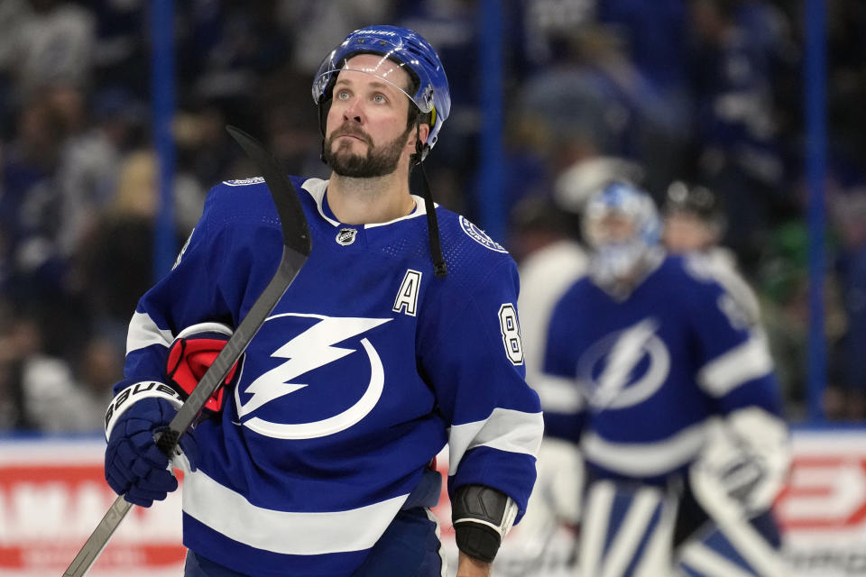 Tampa Bay Lightning right wing Nikita Kucherov (86) reacts after the Toronto Maple Leafs defeated the Lightning in overtime of an NHL hockey game Saturday, Oct. 21, 2023, in Tampa, Fla. (AP Photo/Chris O'Meara)